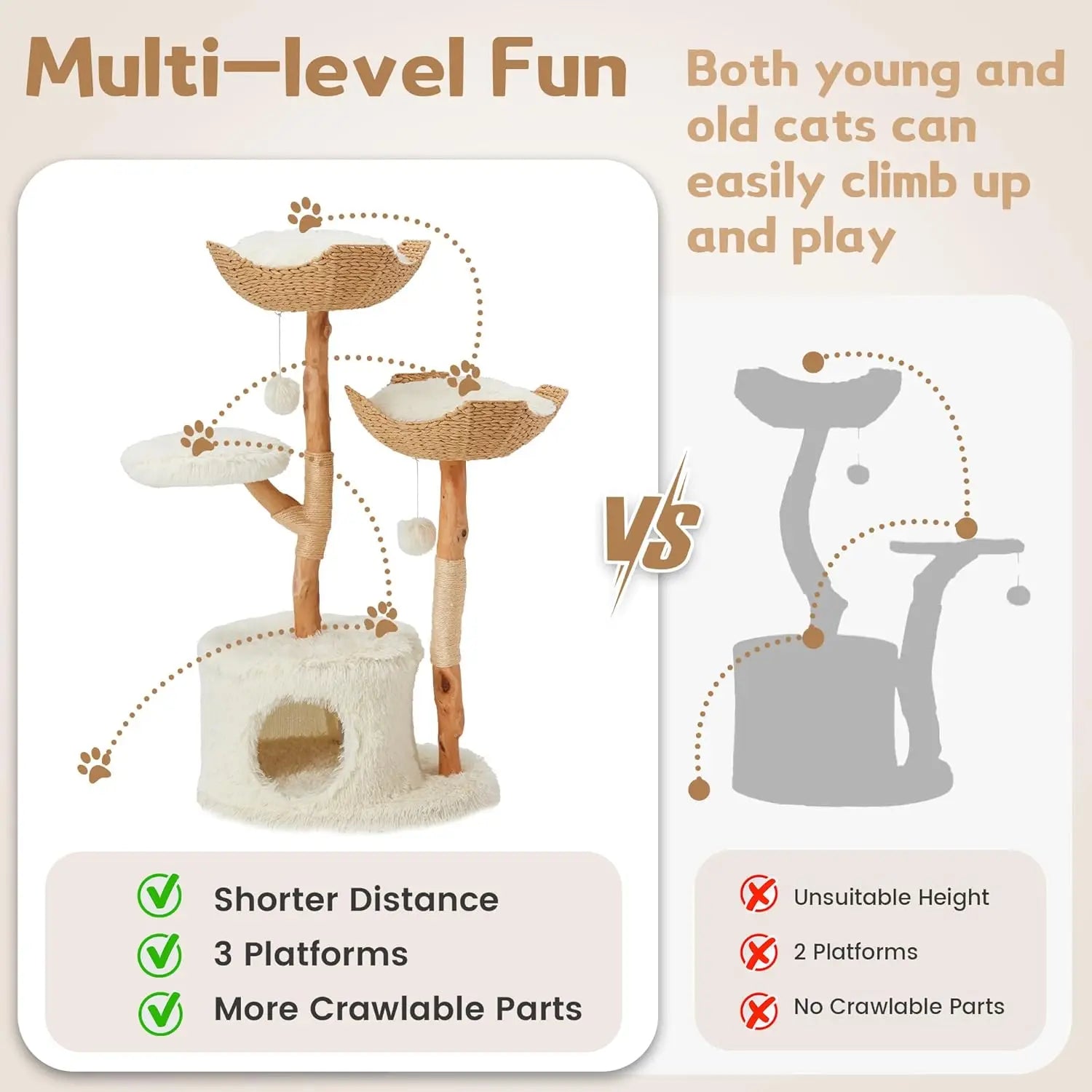 Multi-Level Cat Tree Tower | Natural Sisal Rope, Cozy Condos, and Hand-Woven Baskets