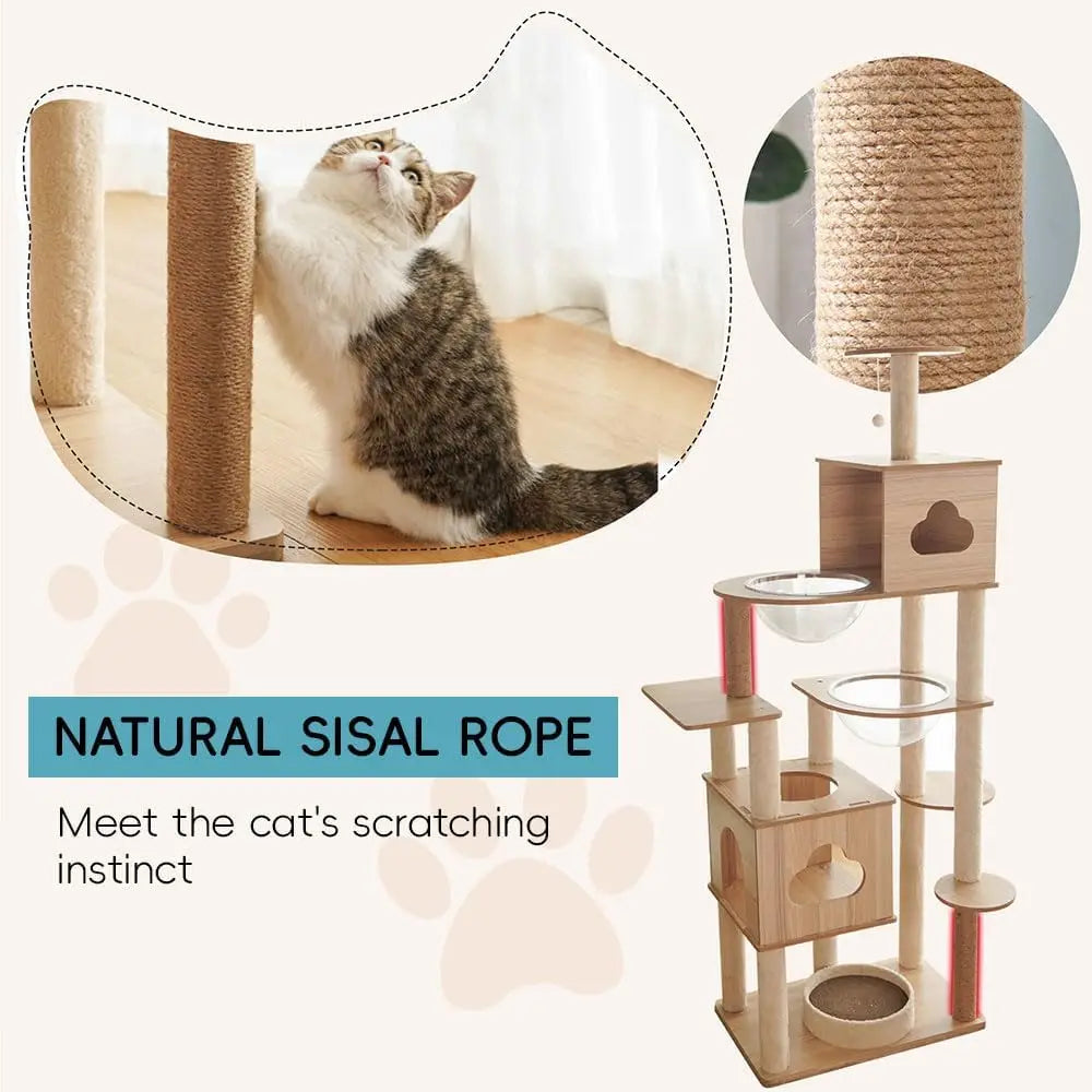Wooden Cat Tree Tower with Space Capsules