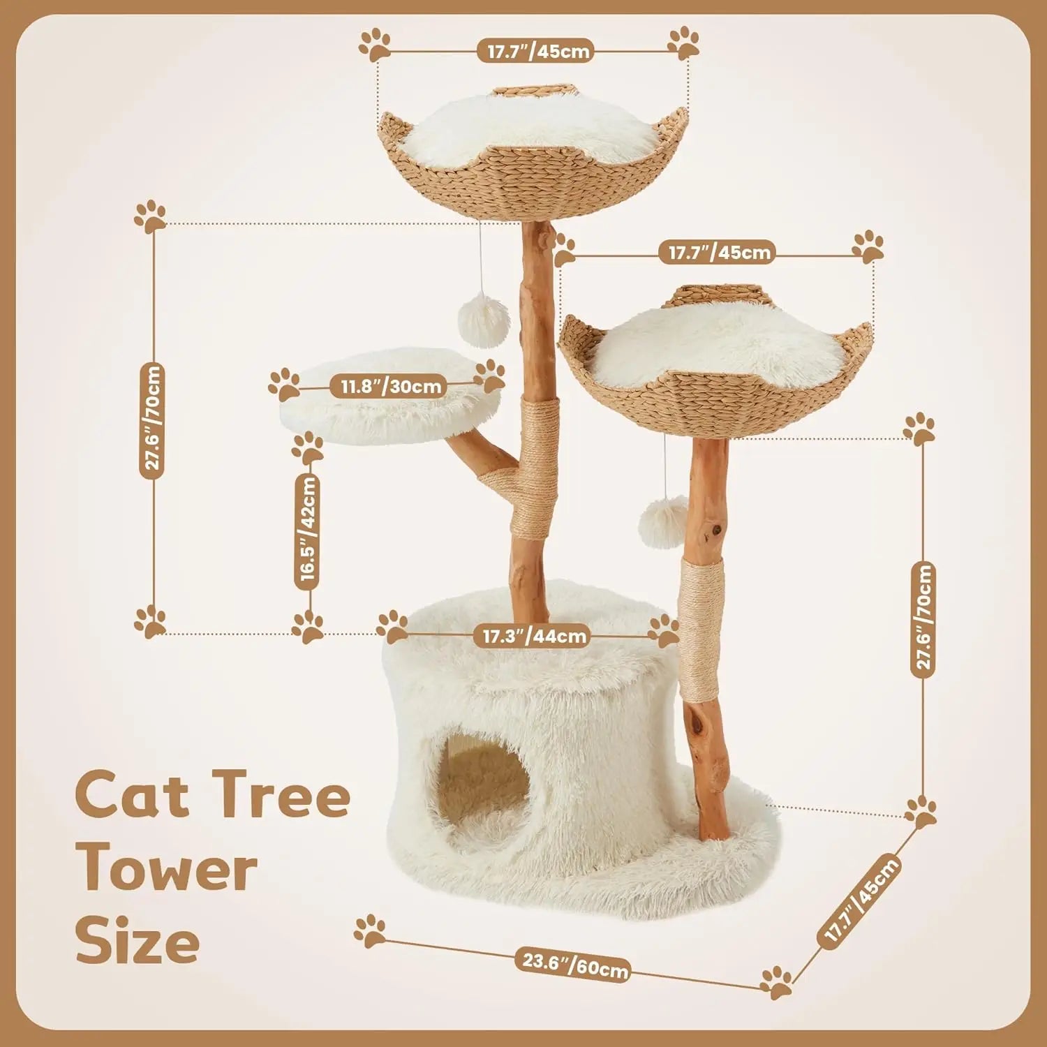 Multi-Level Cat Tree Tower | Natural Sisal Rope, Cozy Condos, and Hand-Woven Baskets