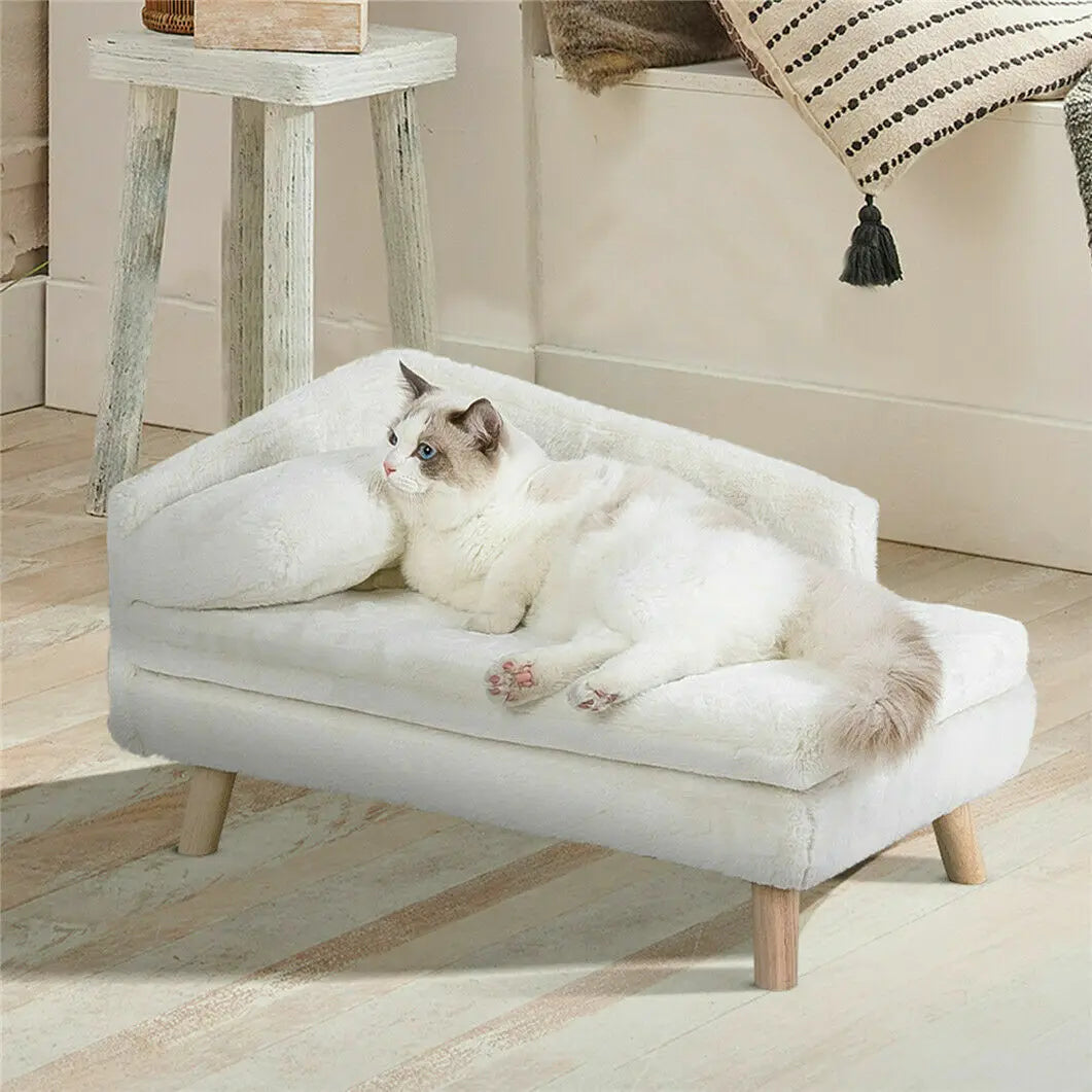 Waterproof Plush Elevated Cat Lounge Sofa with Solid Wood Legs & Cushion