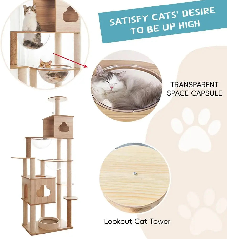 Wooden Cat Tree Tower with Space Capsules