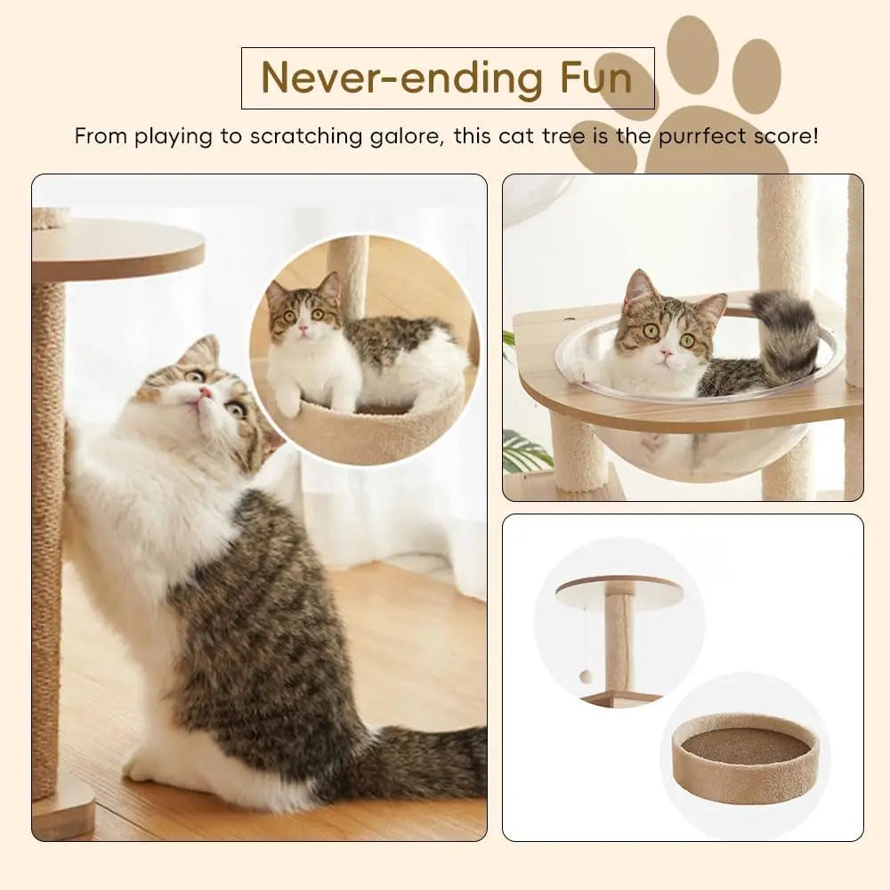 Wooden Cat Tree Tower with Space Capsules