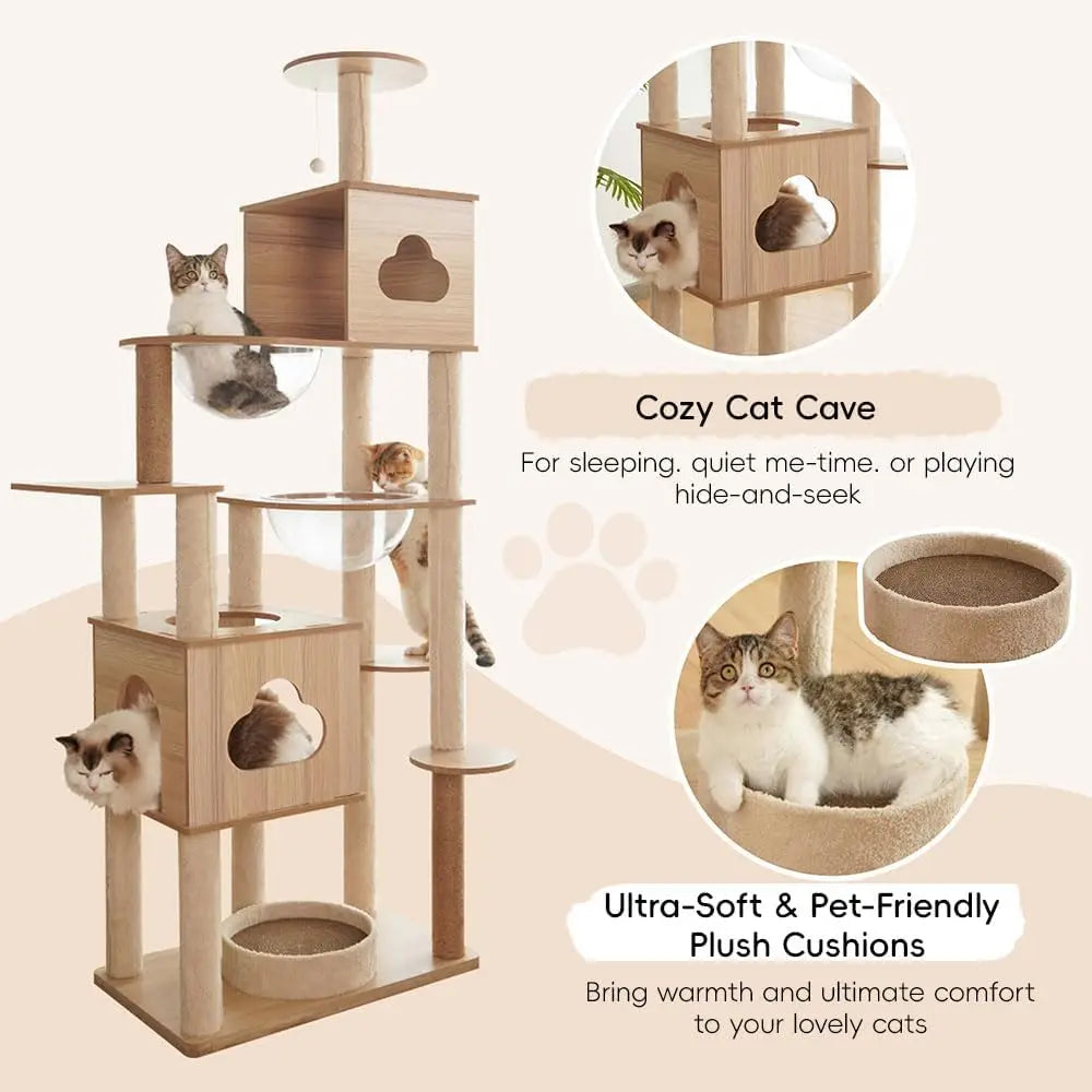 Wooden Cat Tree Tower with Space Capsules